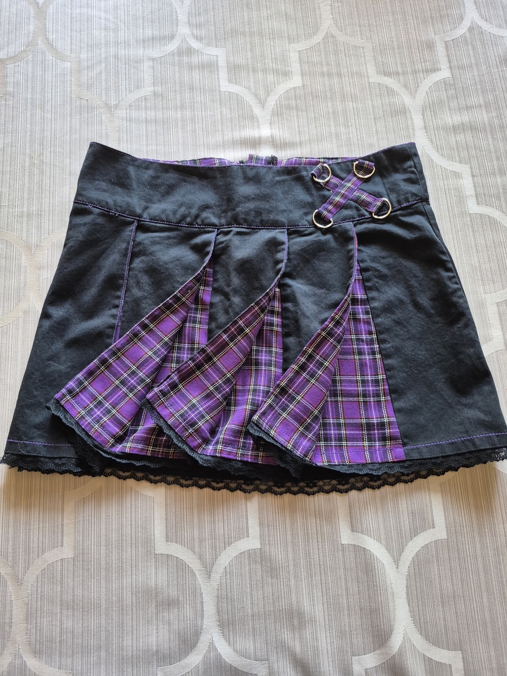 Tripp nyc Vintage Black Mini Skirt with Purple Plaid Inset